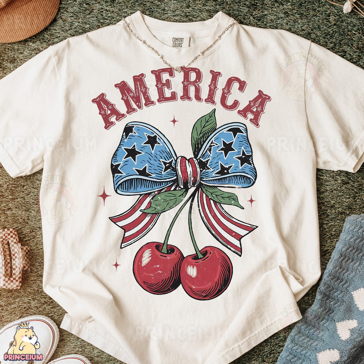 America Patriotic Bow & Cherries