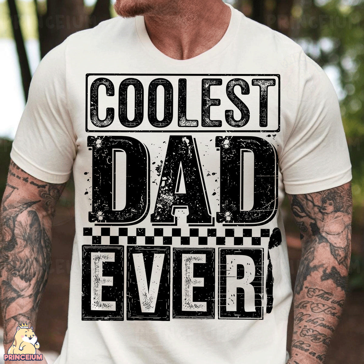 a man wearing a white shirt that says coolest dad ever