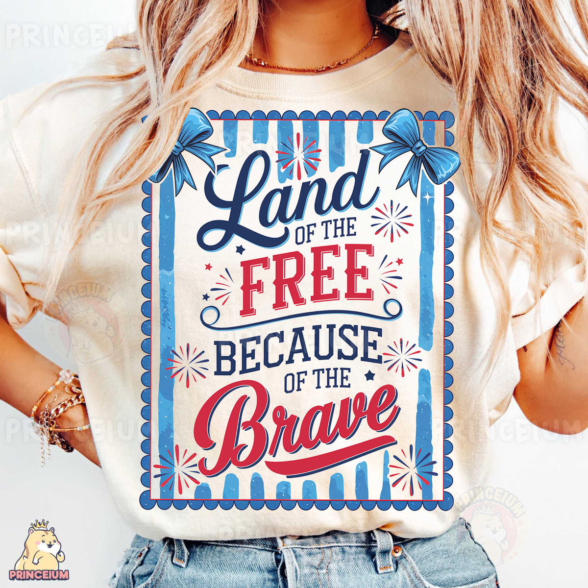a woman wearing a t - shirt that says land of the free because of the