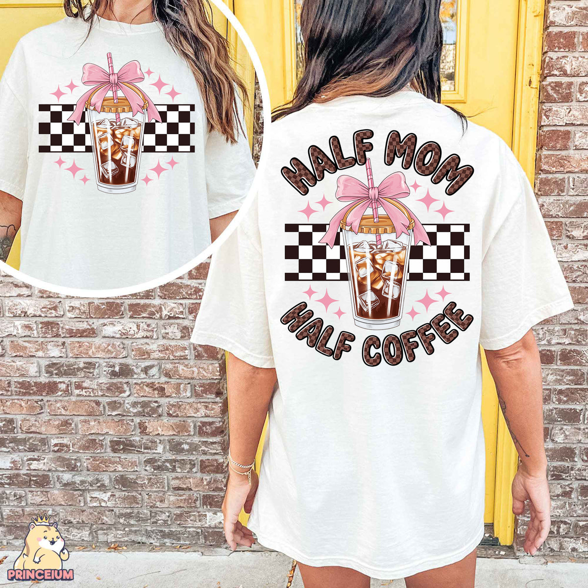 a woman wearing a shirt with a picture of a cup of coffee on it