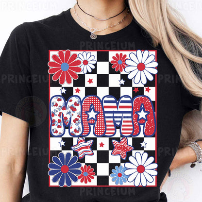 a woman wearing a black t - shirt with red, white, and blue flowers