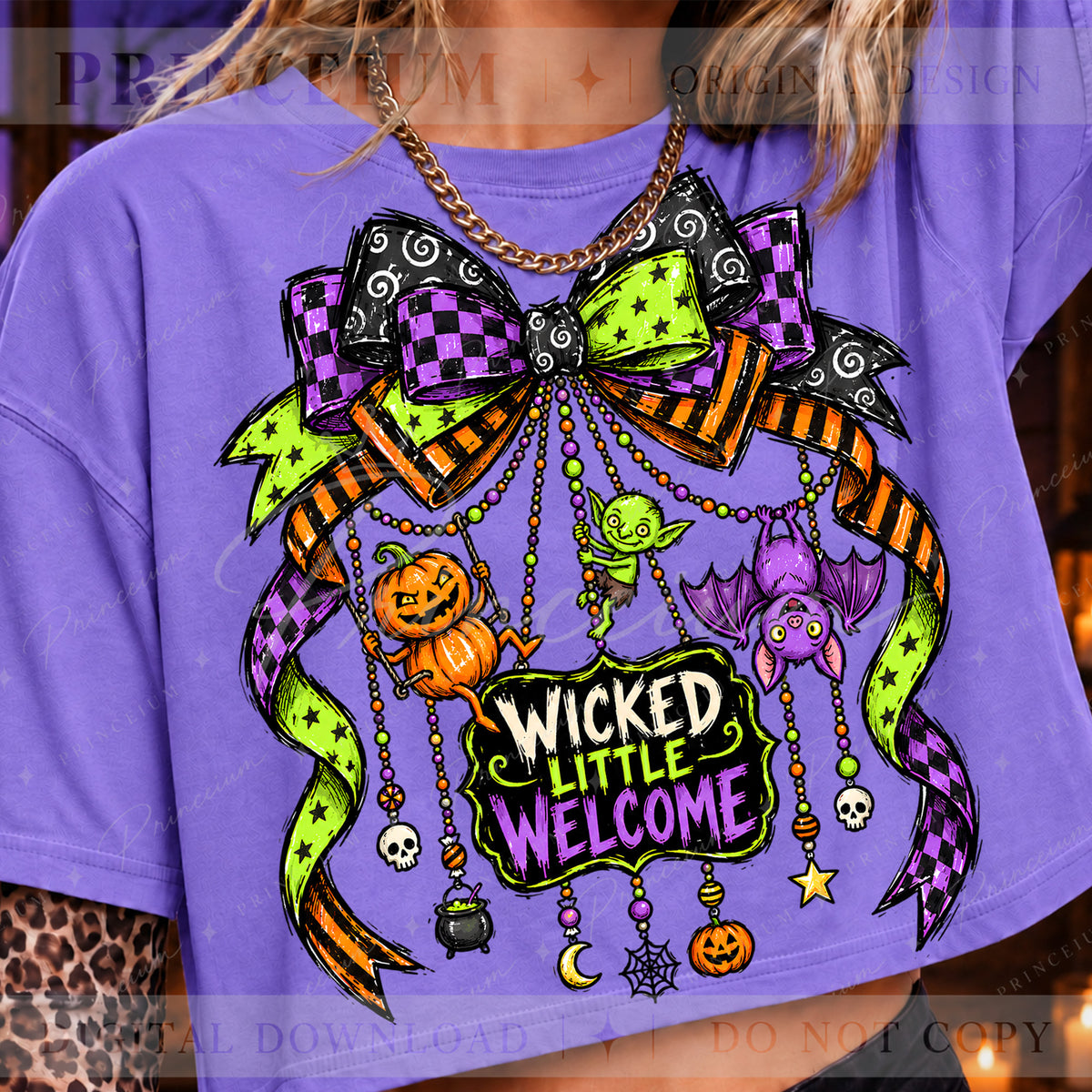 Wicked Little Welcome Halloween PNG – Spooky Bow & Charms Design | Digital Download