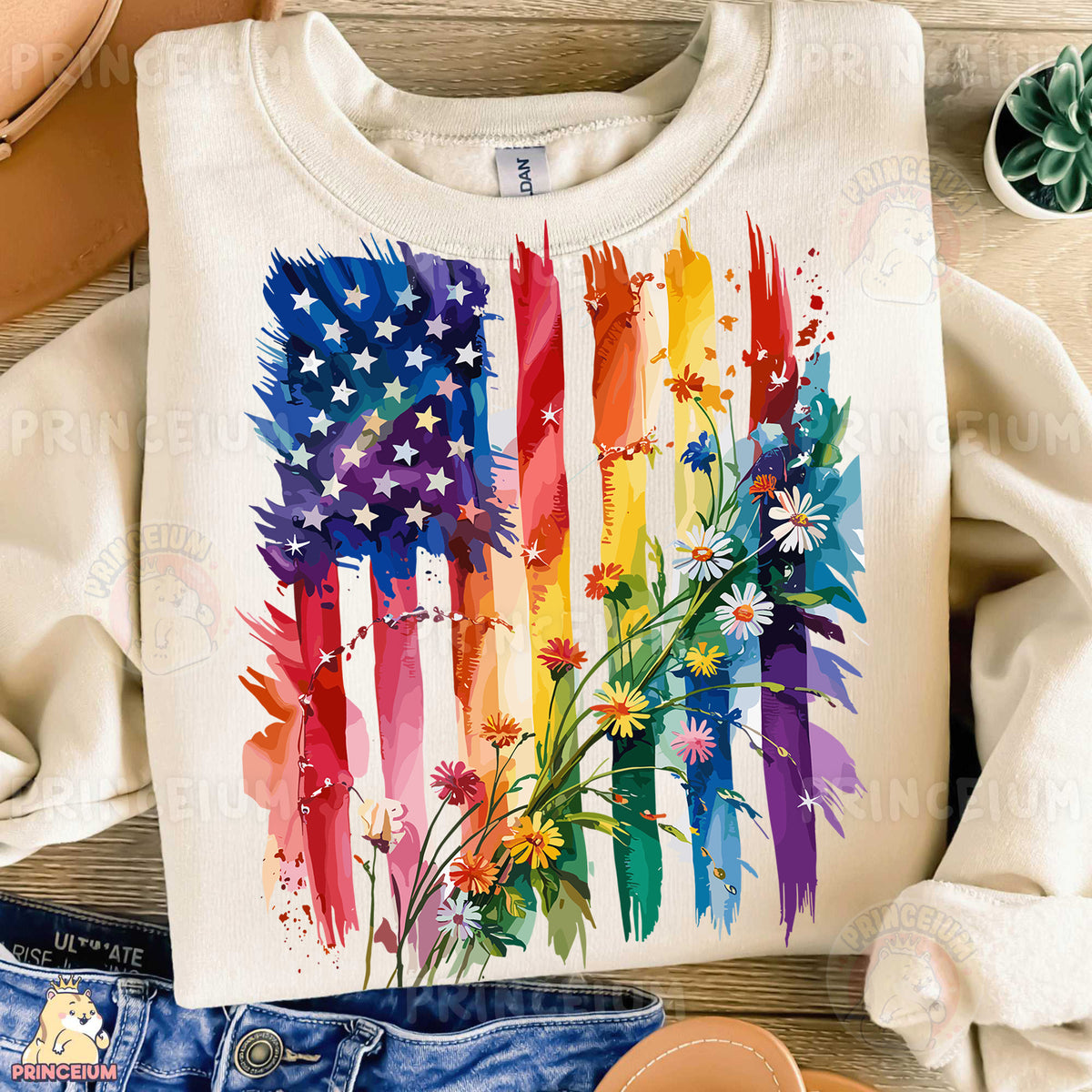 a t - shirt with the american flag painted on it