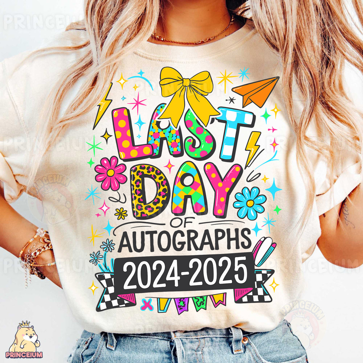 a woman wearing a t - shirt that says last day of autographs