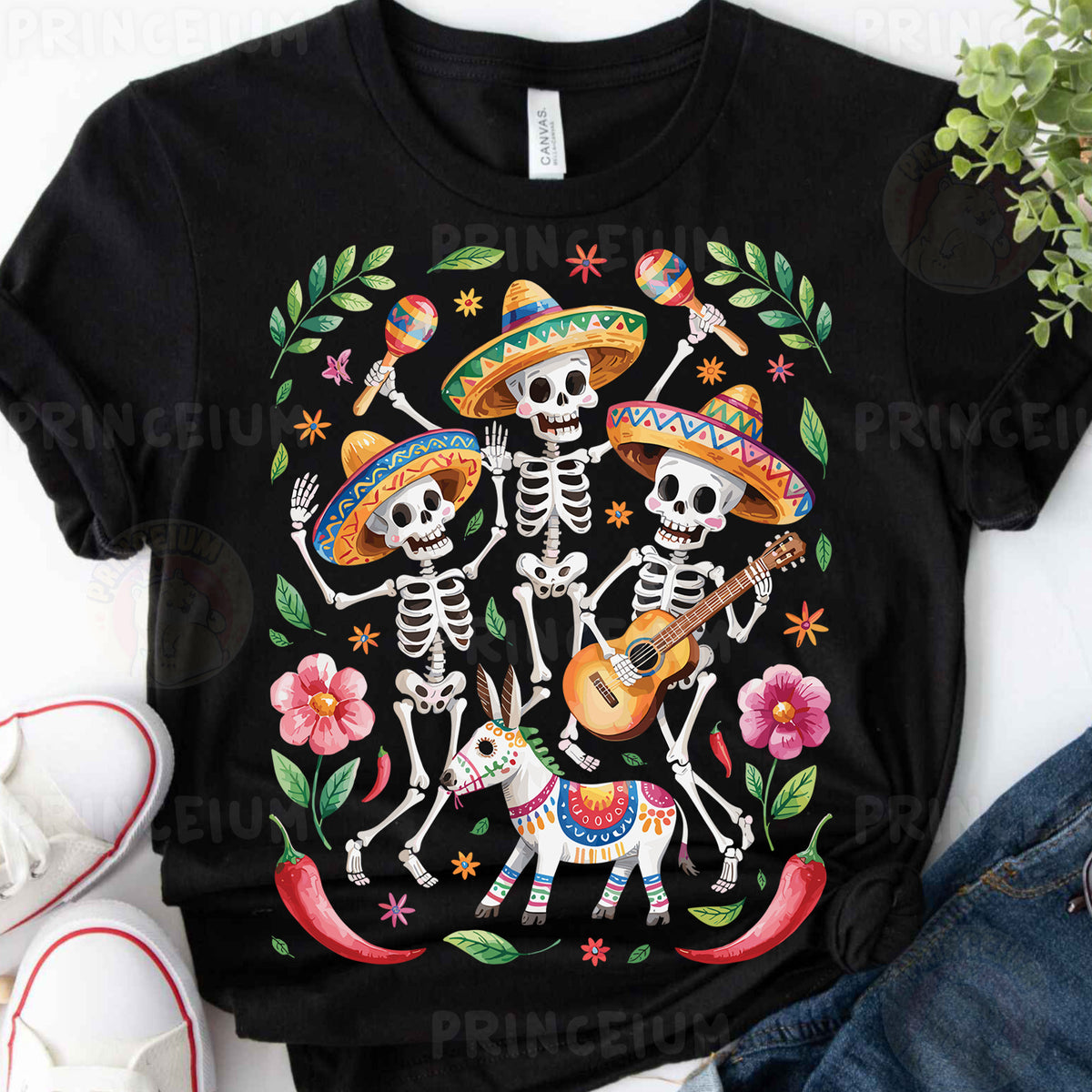 a couple of skeleton playing guitar and wearing sombreros