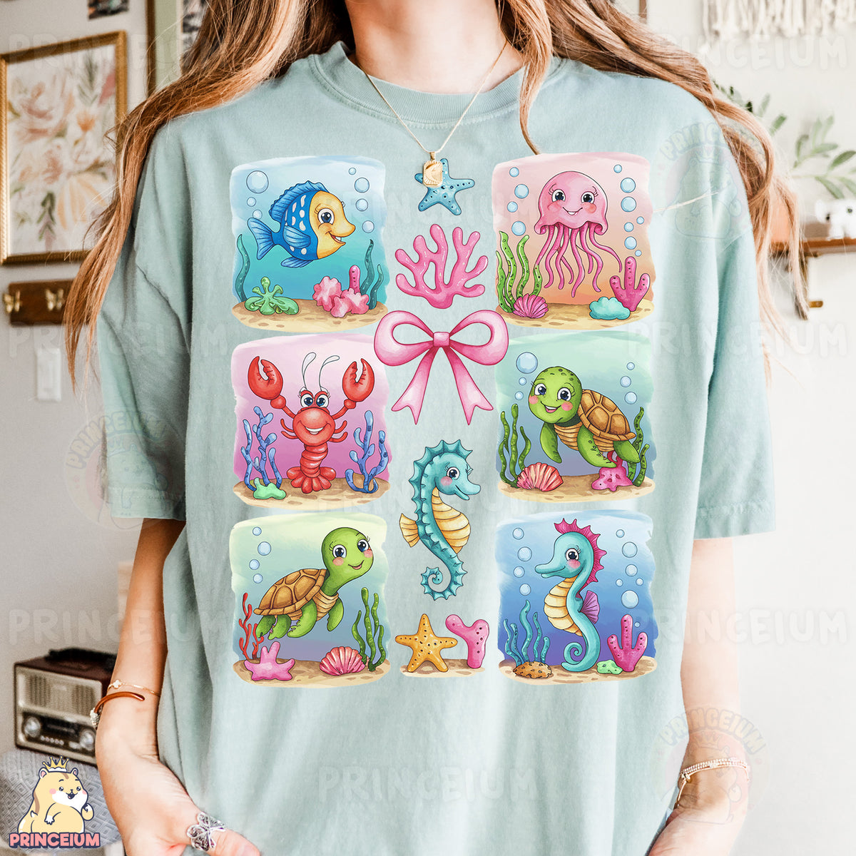 a woman wearing a t - shirt with sea animals on it