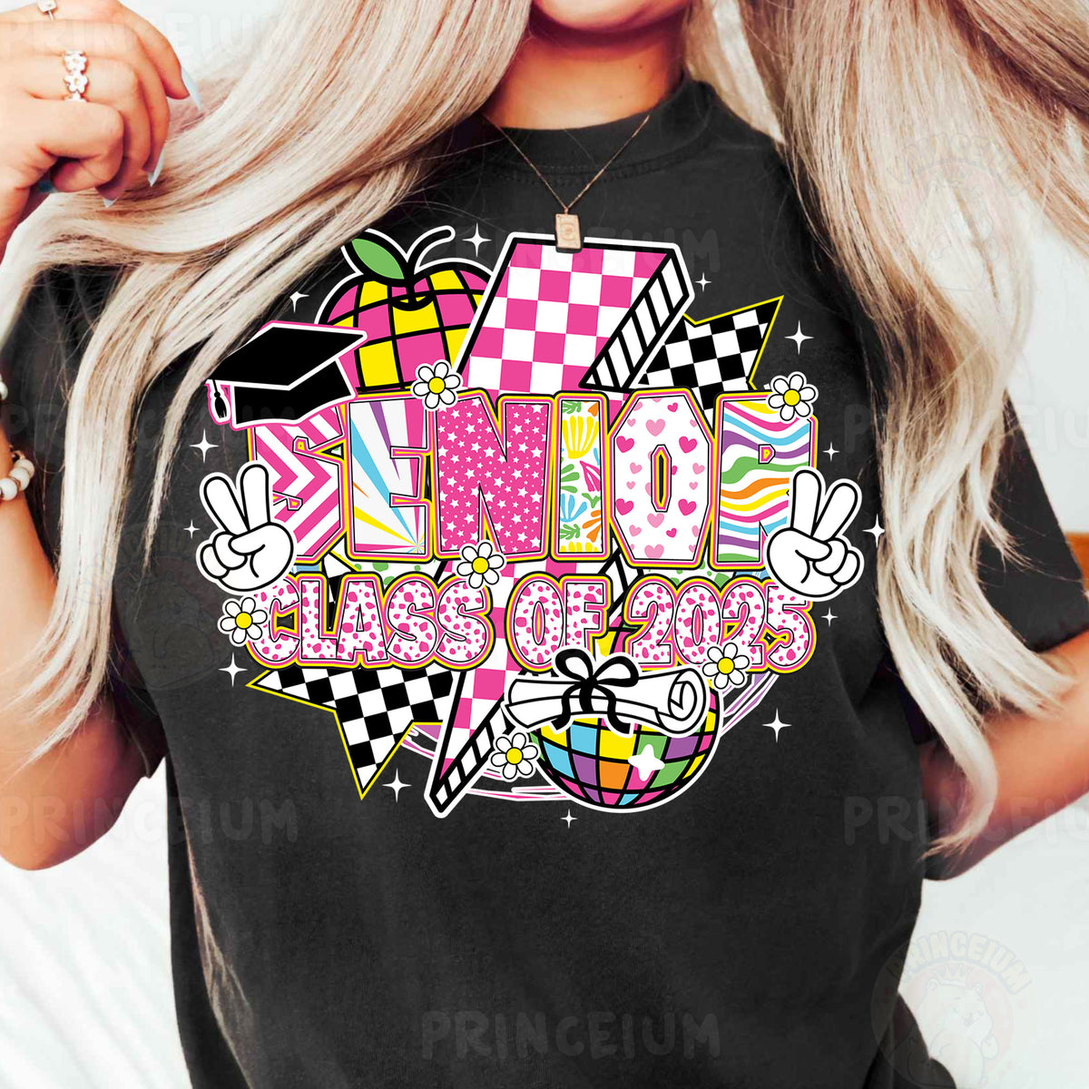a woman wearing a black tshirt with a pink and white checkered design
