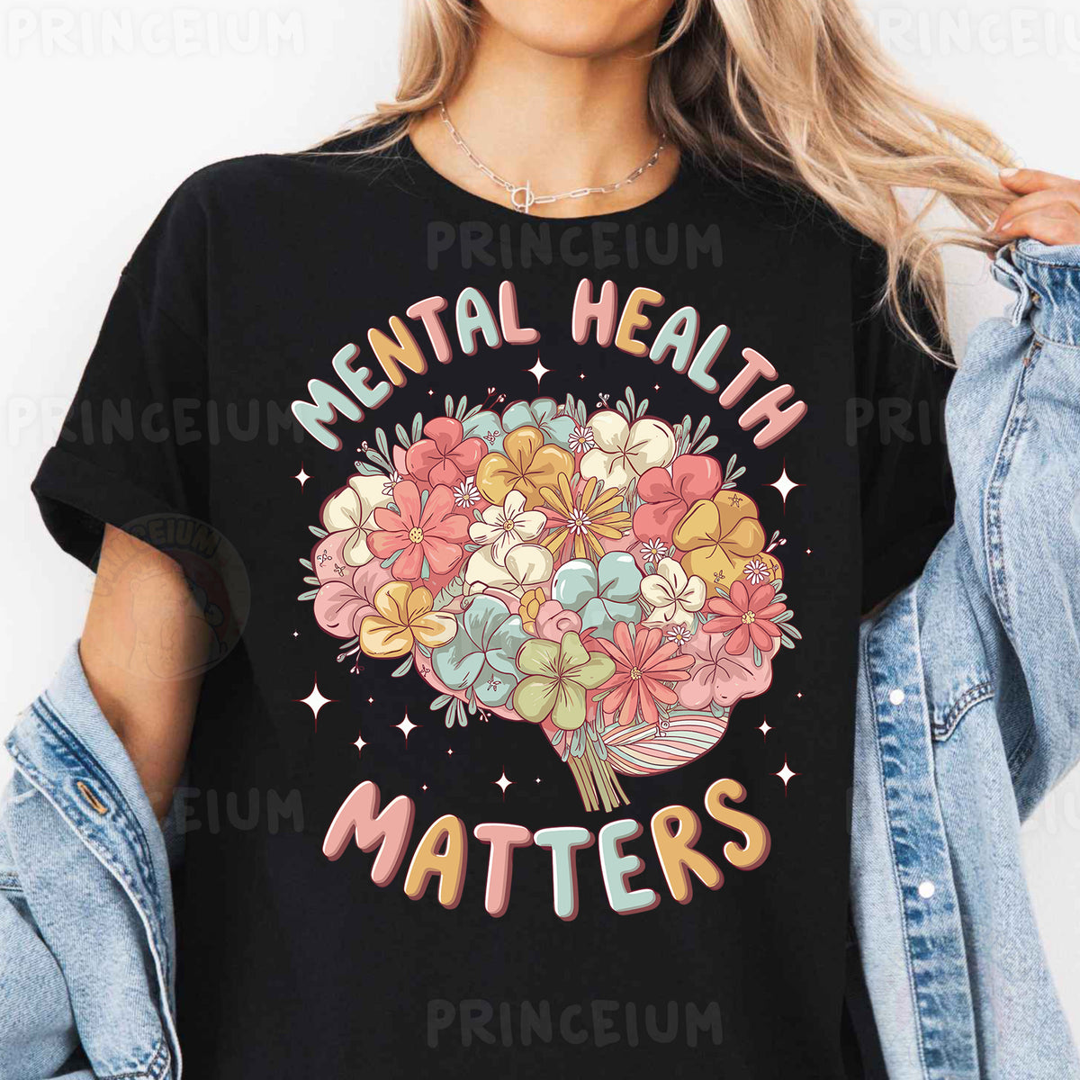 a woman wearing a t - shirt that says mental health matters