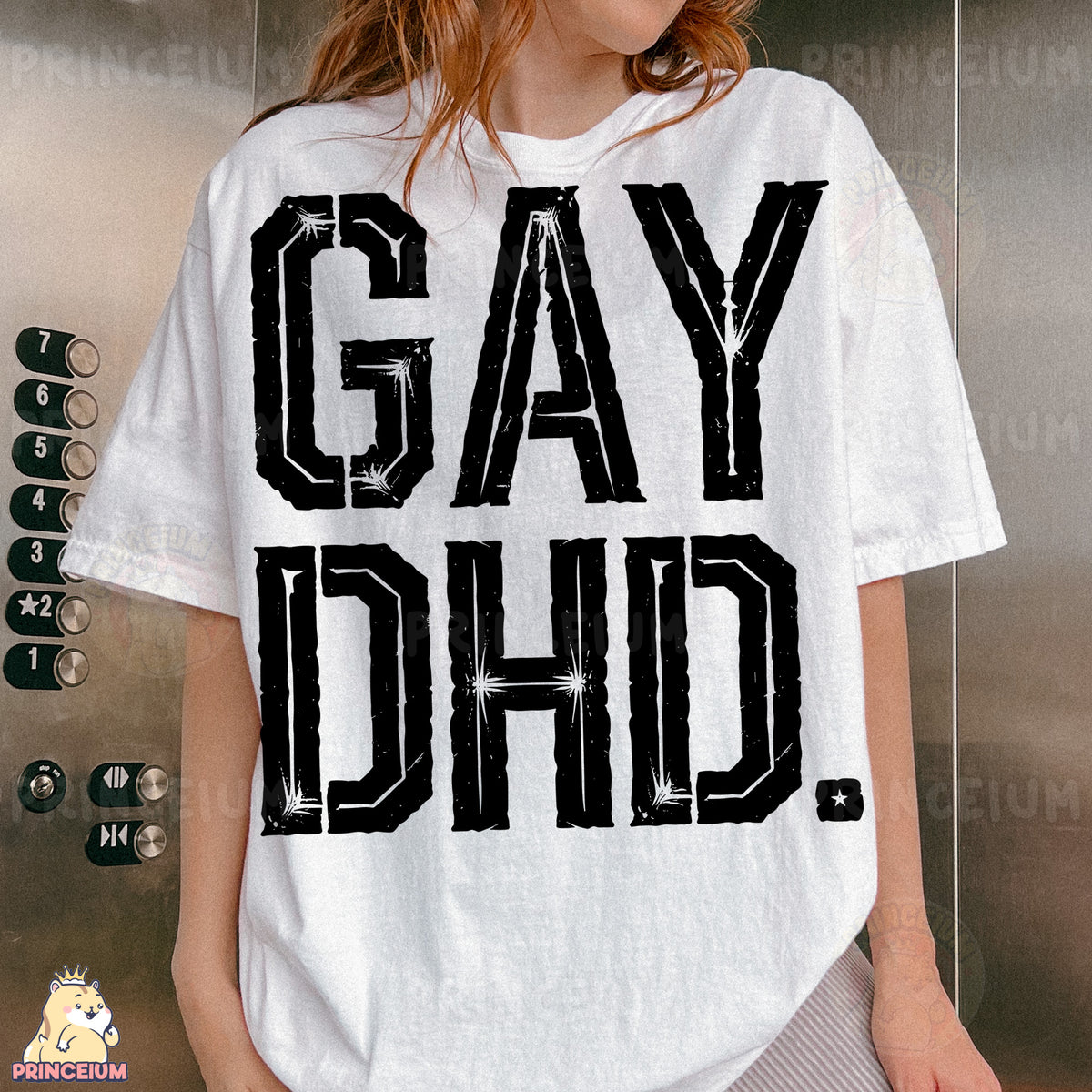 a woman wearing a white shirt with the word gay chic printed on it