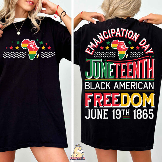 a woman wearing a black t - shirt that says black american freedom