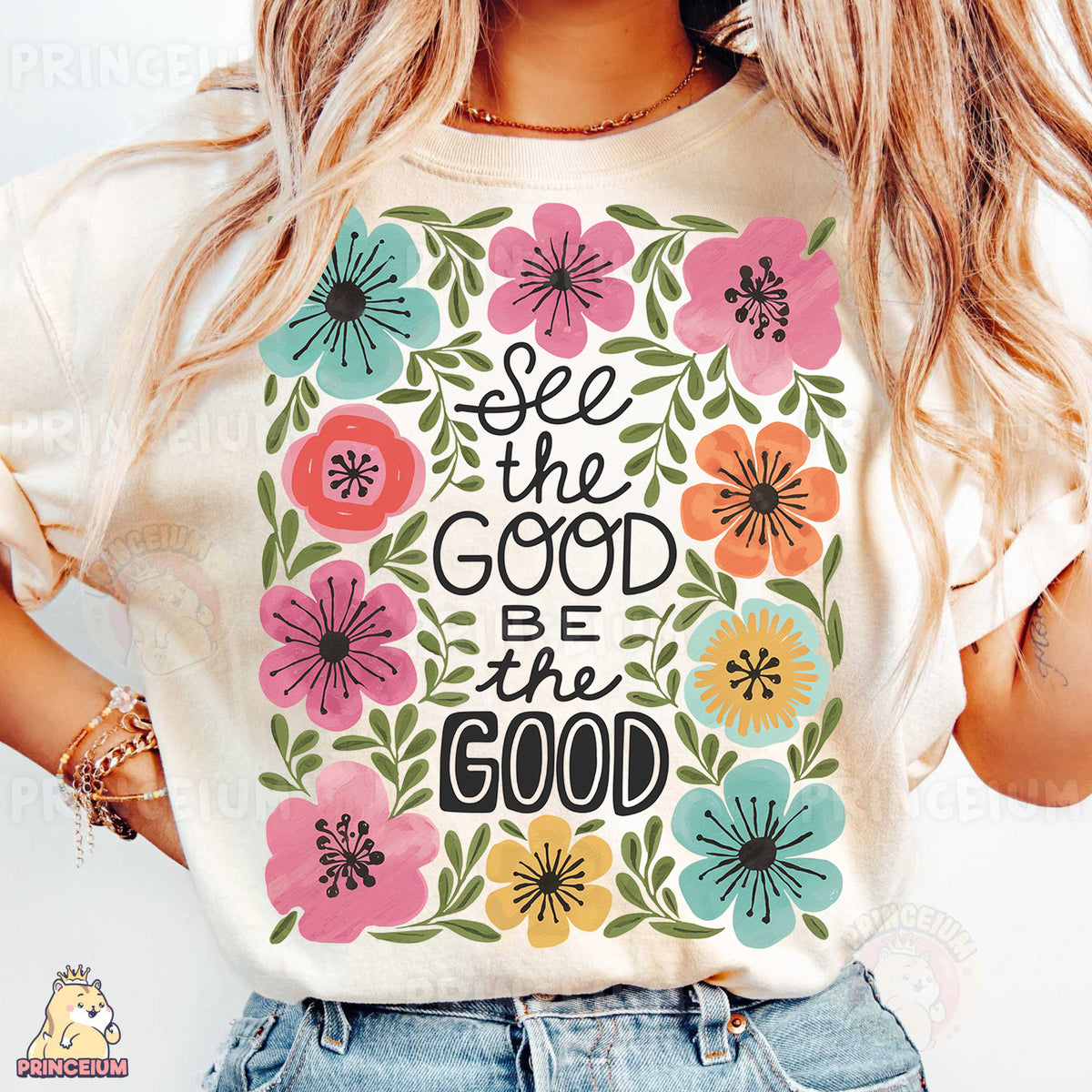 a woman wearing a t - shirt that says see the good be the good