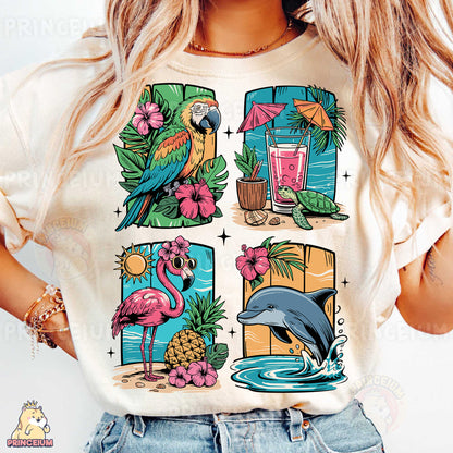 a woman wearing a t - shirt with a tropical scene on it