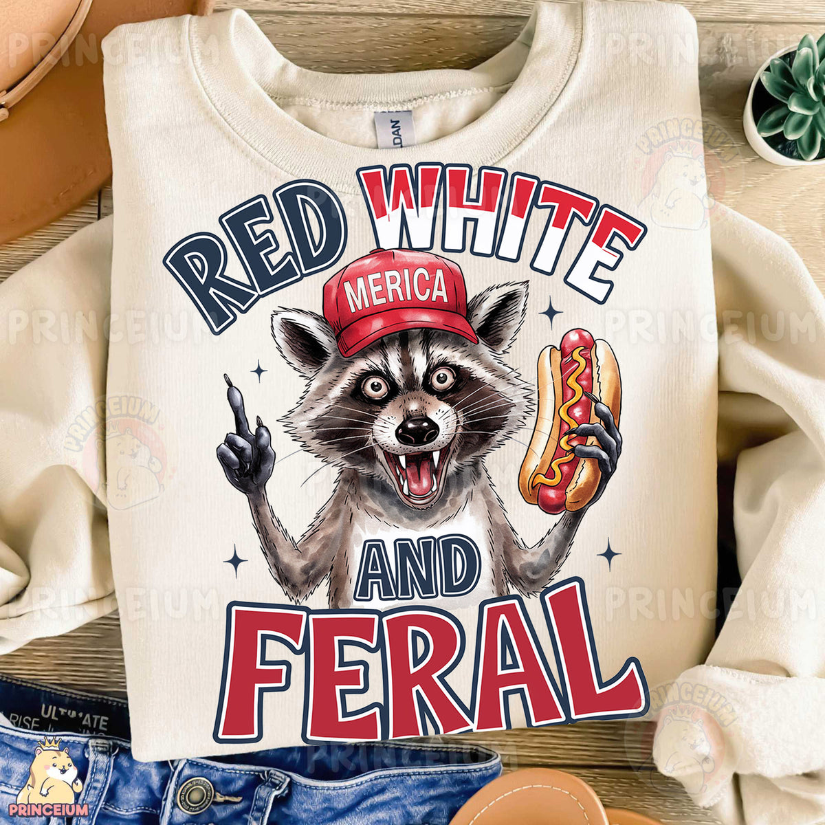 a white shirt with a raccoon wearing a red hat and holding a hot