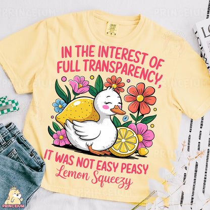 a t - shirt with a lemon and a duck on it
