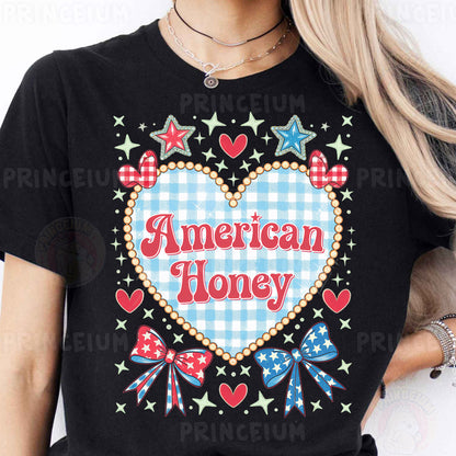 a woman wearing a black american honey t - shirt
