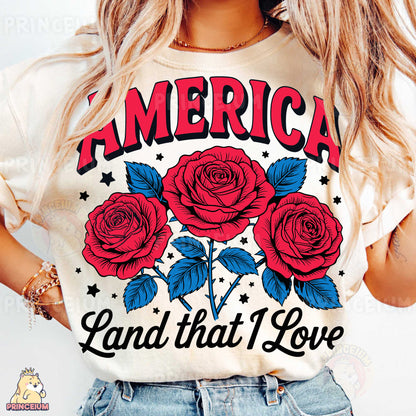 a woman wearing an american land that i love t - shirt