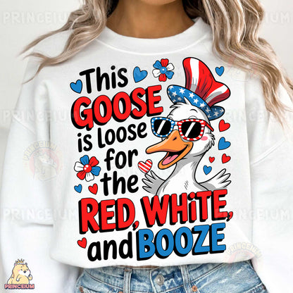 a woman wearing a white shirt with a red, white and blue graphic on it