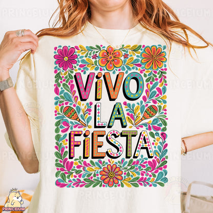 a woman wearing a t - shirt that says vivo la fiesta fiesta