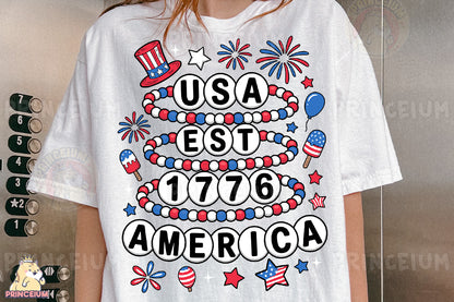 a woman wearing a usa est est 1970 america t - shirt