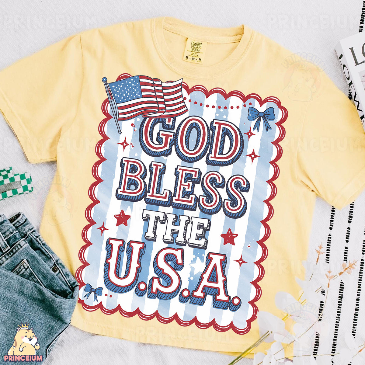 a t - shirt that says god bless the usa with an american flag on it