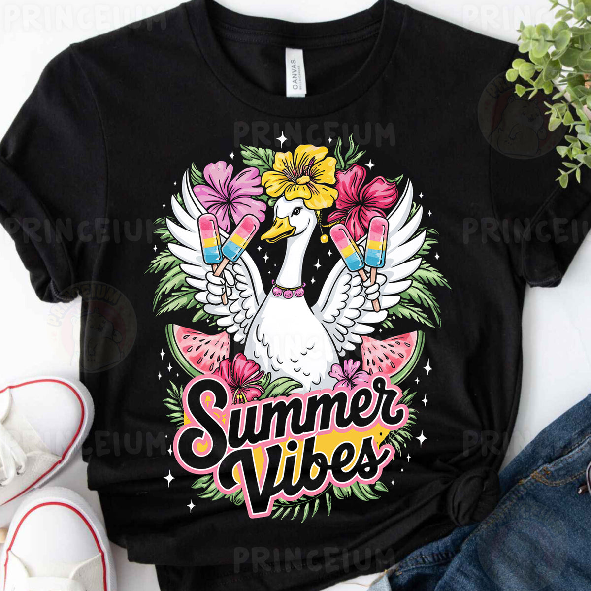 a black t - shirt with a watermelon and flowers on it