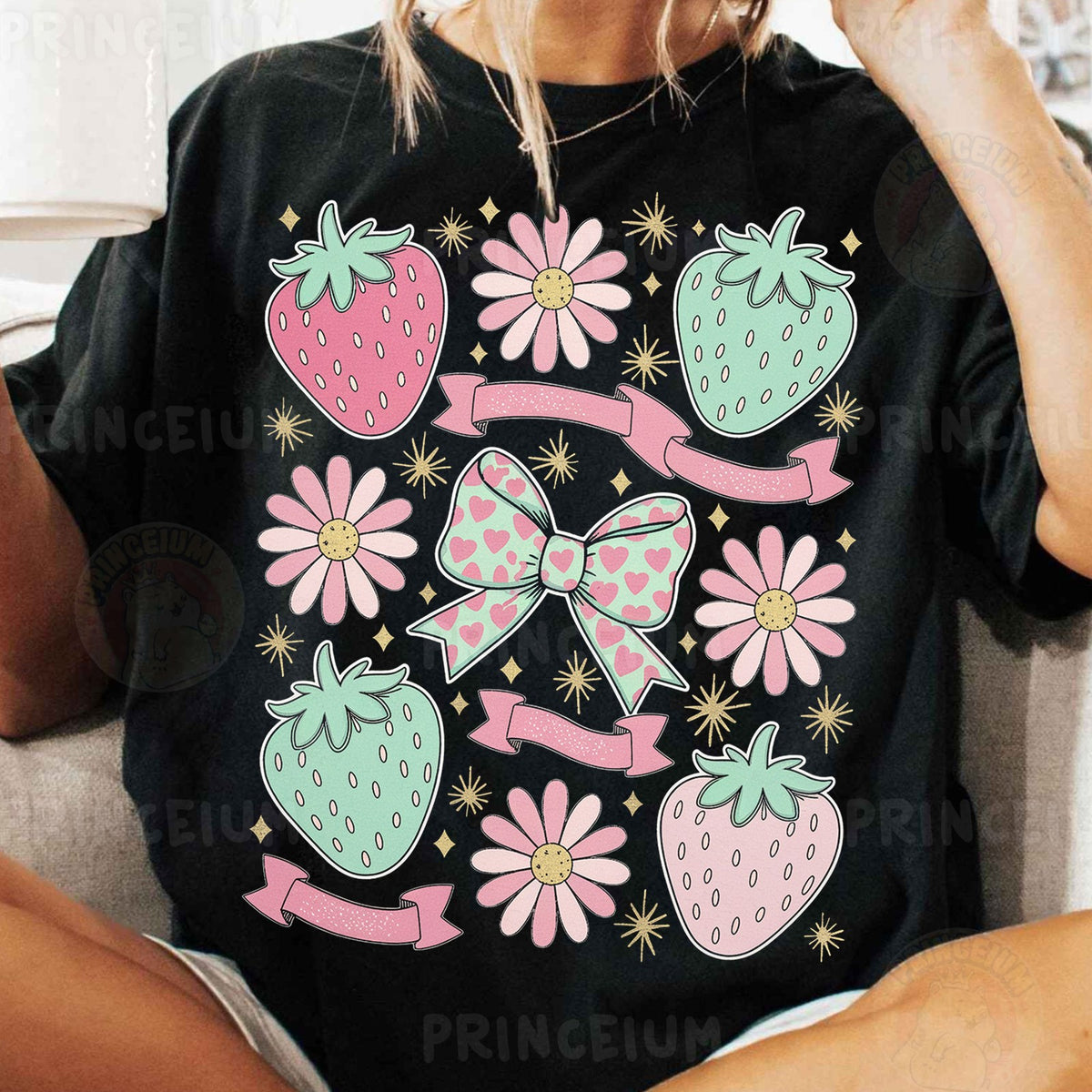 Pastel Strawberry Bow & Daisies