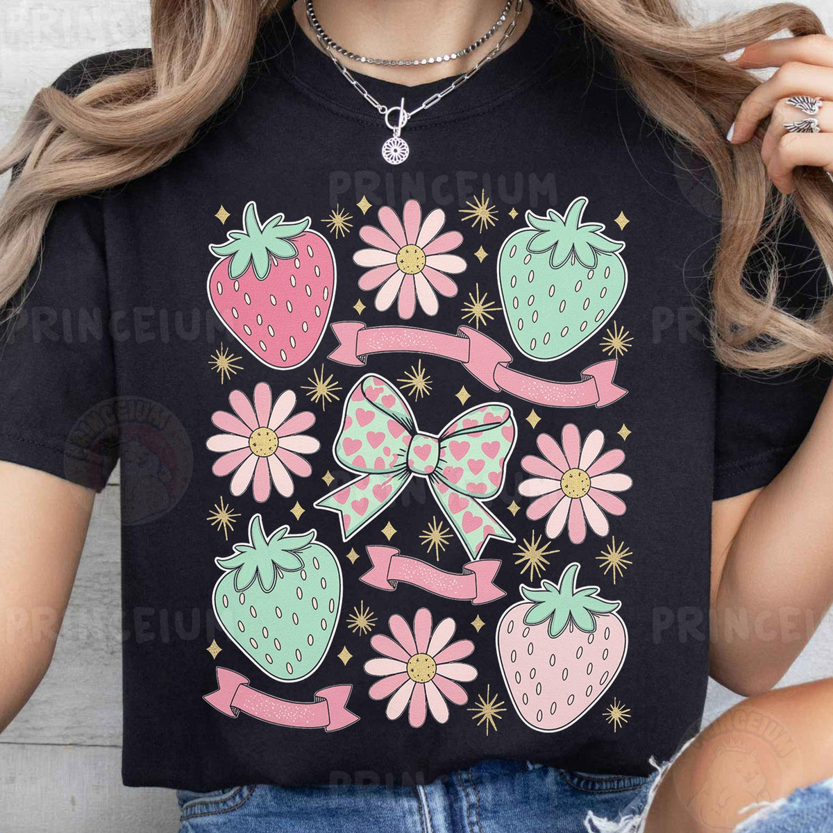 Pastel Strawberry Bow & Daisies