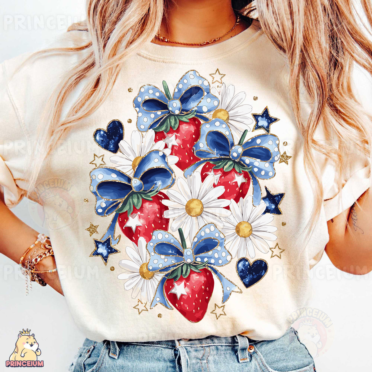 a woman wearing a t - shirt with a strawberry on it