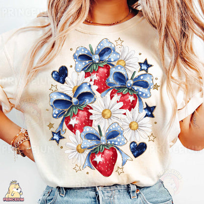 a woman wearing a t - shirt with a strawberry on it