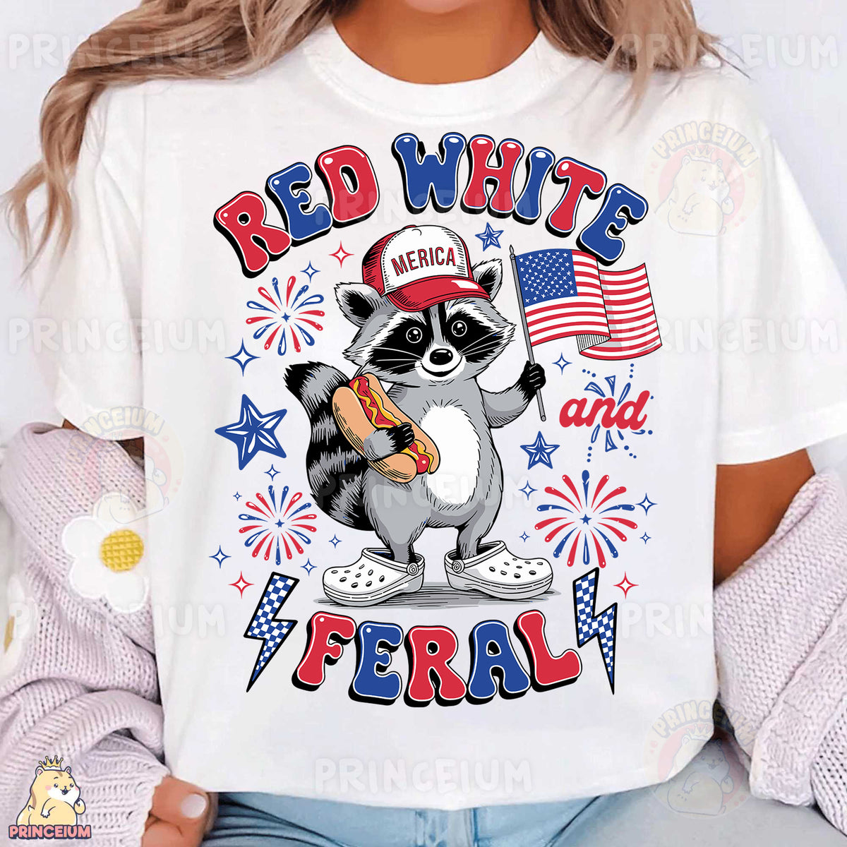a woman wearing a red white and blue shirt with a raccoon holding a