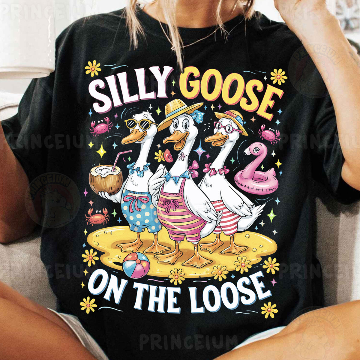 a woman wearing a silly goose on the loose t - shirt