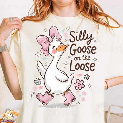 a woman wearing a silly goose on the loose t - shirt
