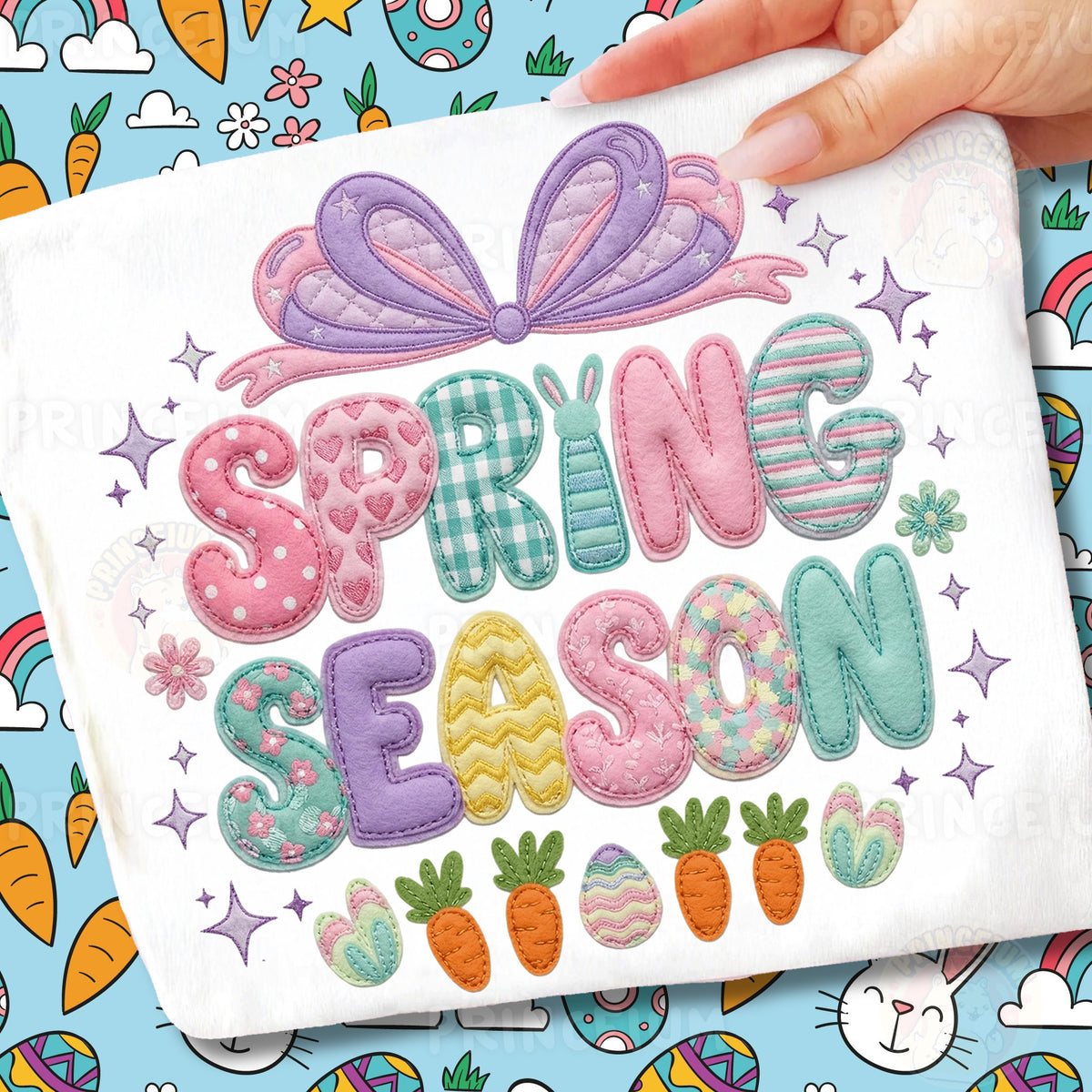 Spring Season PNG, Cute Patchwork Bow Bunny Lettering, Pastel Easter Clipart Design