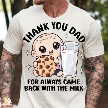 a man holding a cookie and a glass of milk