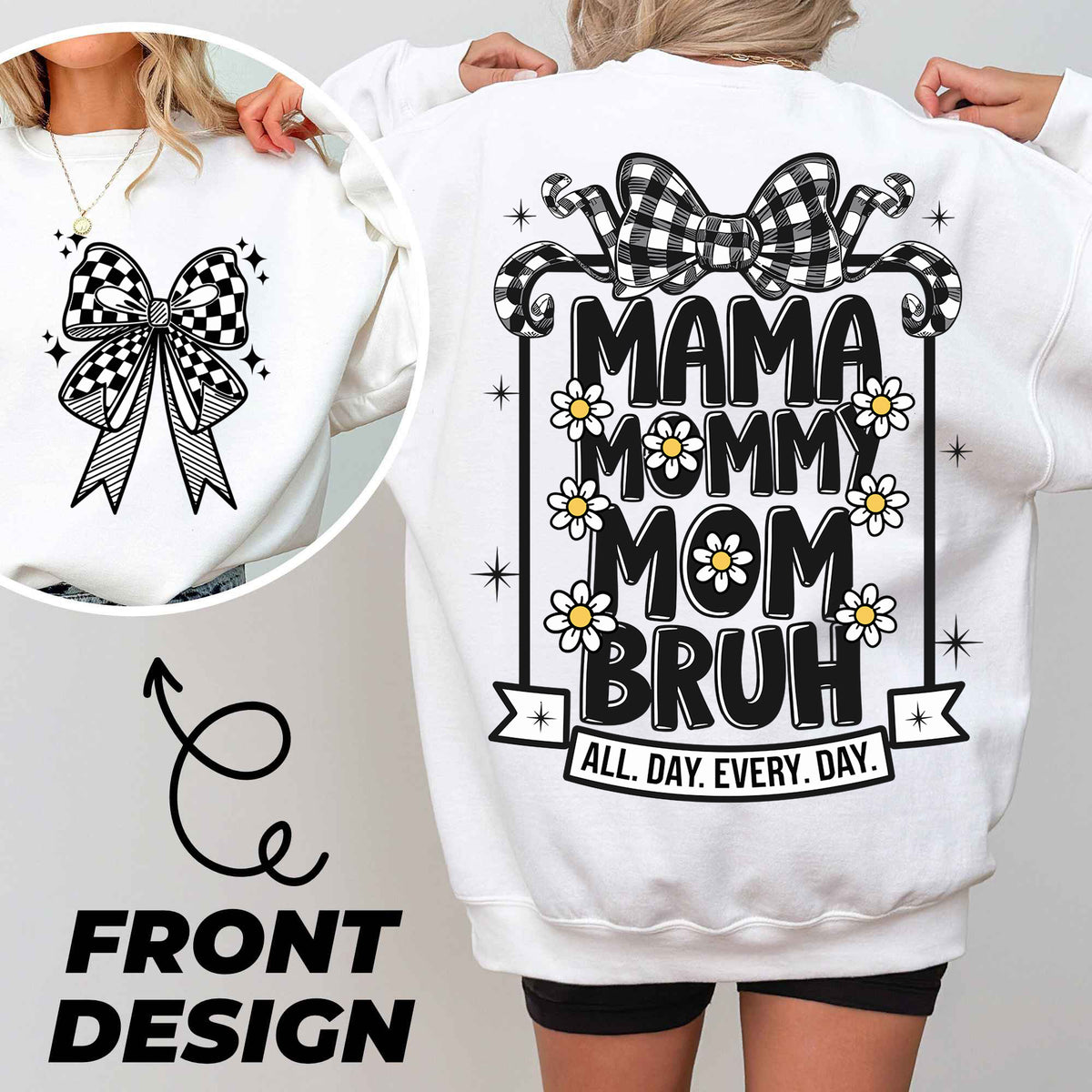 a woman wearing a sweatshirt with a bow on the back