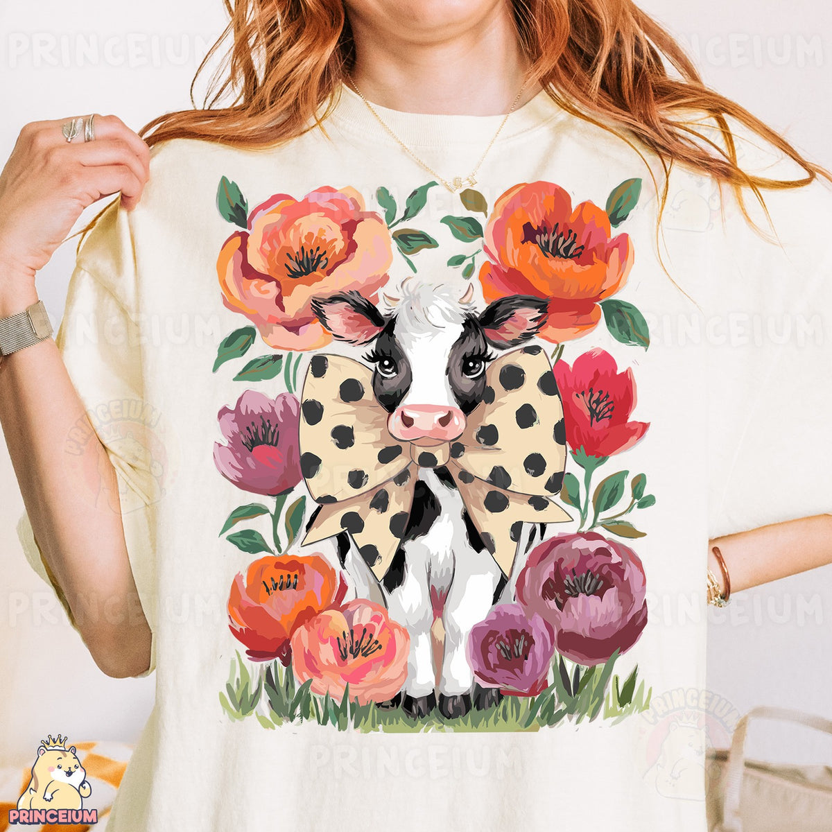 Floral Cow with Polka Dot Bow