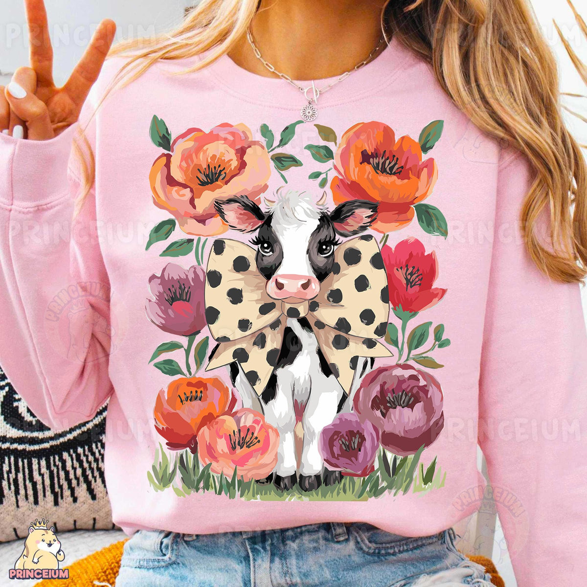 Floral Cow with Polka Dot Bow