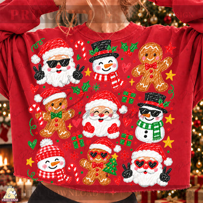 Christmas Doodle PNG – Santa, Snowman & Gingerbread Design  Digital Download
