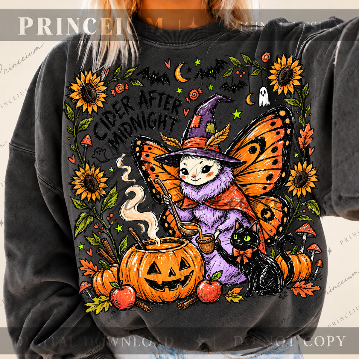 Cider After Midnight Halloween PNG – Butterfly Witch & Black Cat Design | Digital Download