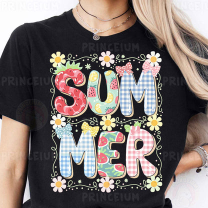 Summer Sublimation PNG | Cute Patchwork “SUMMER” T-Shirt Design with Fruits & Florals
