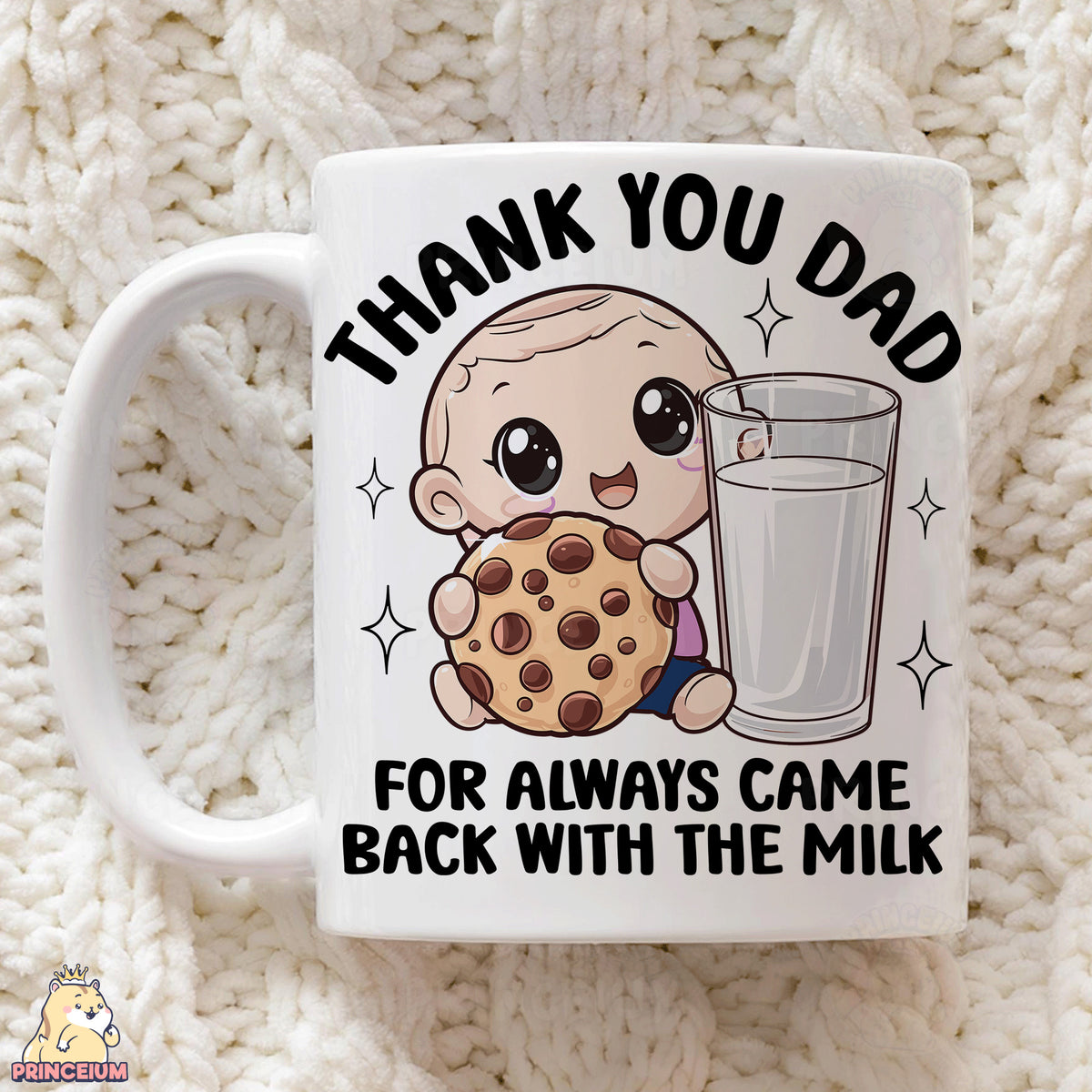 a coffee mug with a picture of a baby holding a cookie