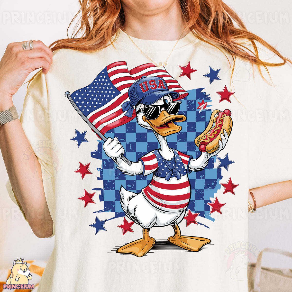 a woman holding a hot dog and an american flag