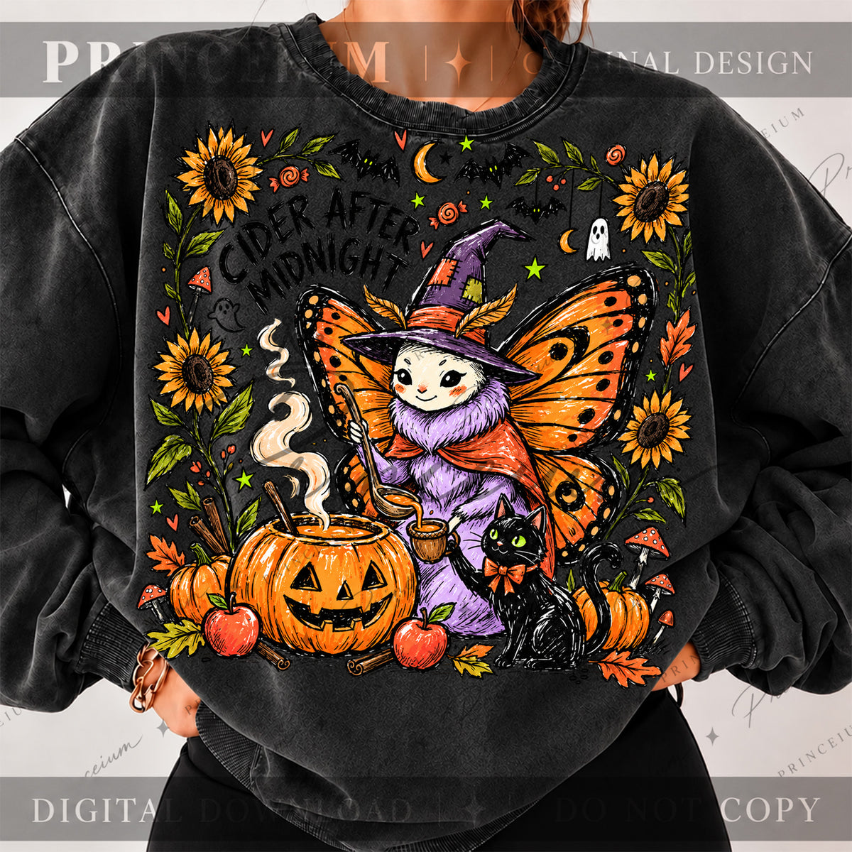 Cider After Midnight Halloween PNG – Butterfly Witch & Black Cat Design | Digital Download