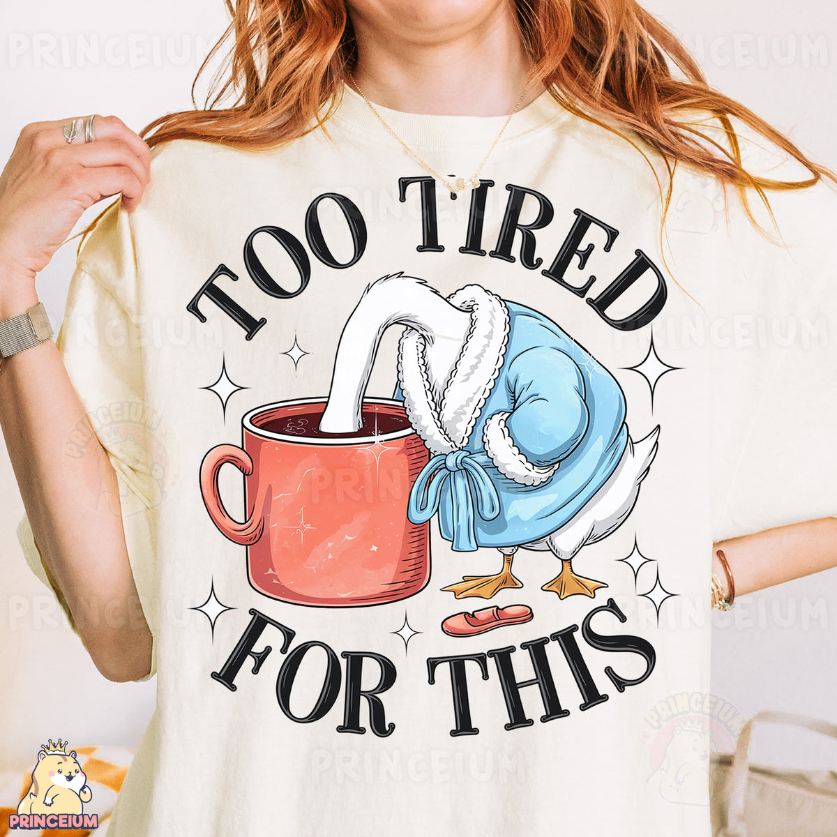 a woman wearing a t - shirt that says too tired for this