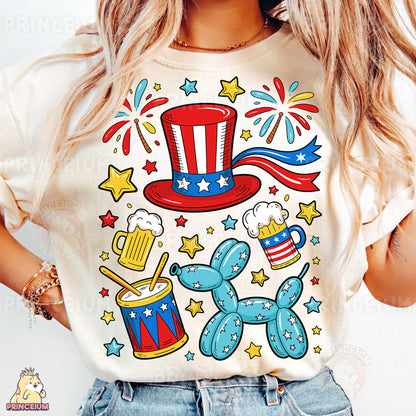a woman wearing a patriotic t - shirt and denim shorts