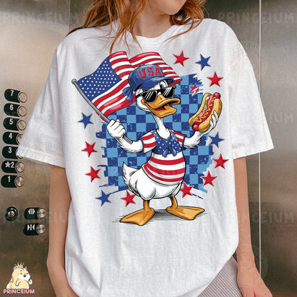 a woman wearing a donald the duck shirt