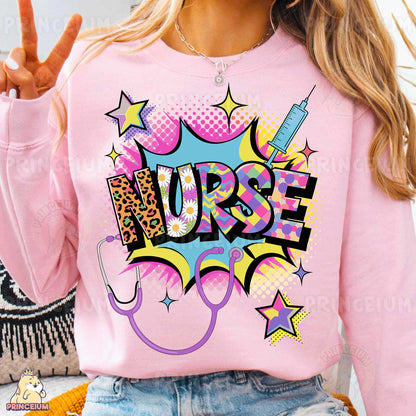 a woman wearing a pink shirt with the word nurse on it