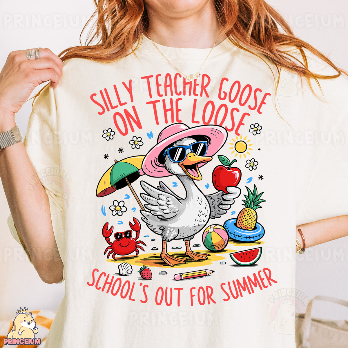 a woman wearing a t - shirt that says silly teacher goose on the loose