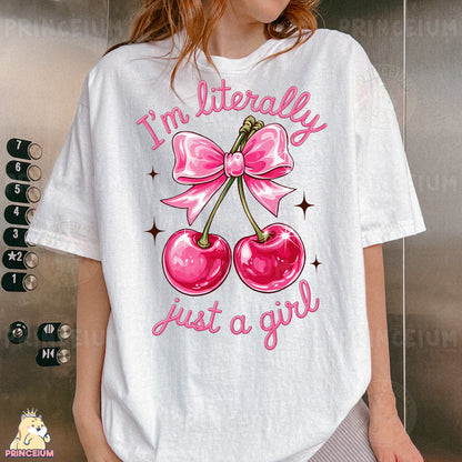 a woman wearing a t - shirt that says i'm literally just a girl
