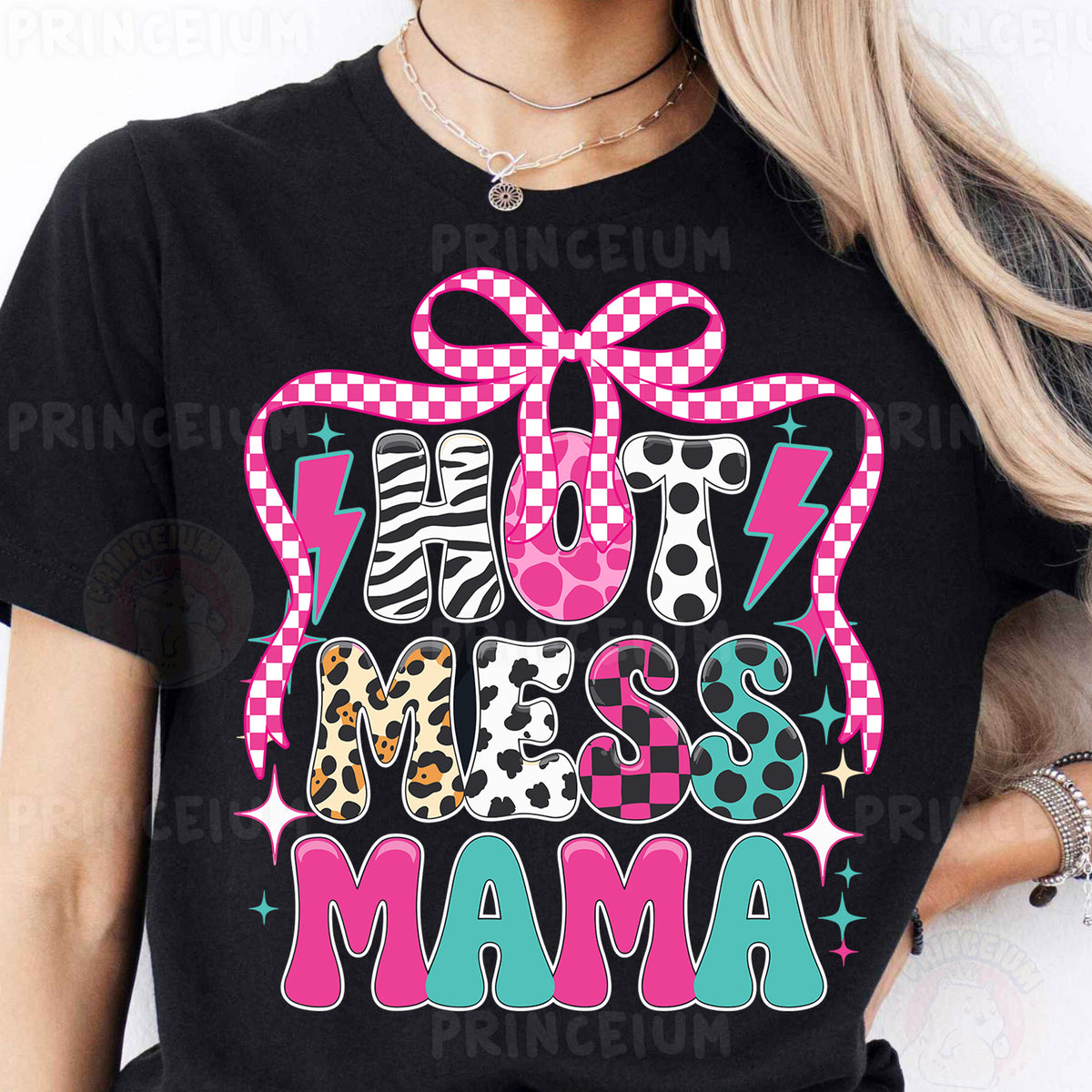 a woman wearing a black tshirt with a pink bow